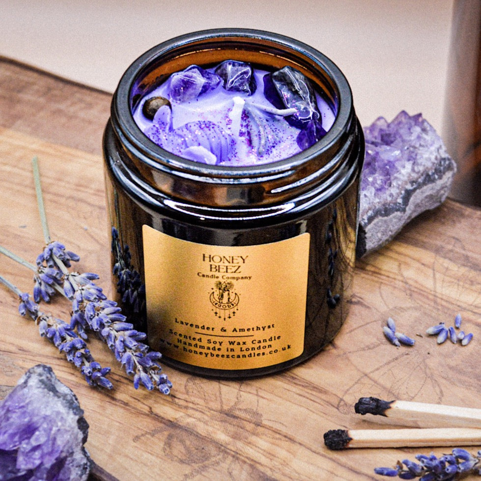 Elegant Lavender Candle with Amethyst Crystal